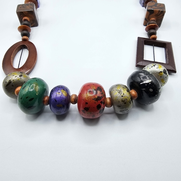 Trendy Wood Beads Geometric Chunky Necklace Multi Colors (approx 28") - Picture 5 of 5